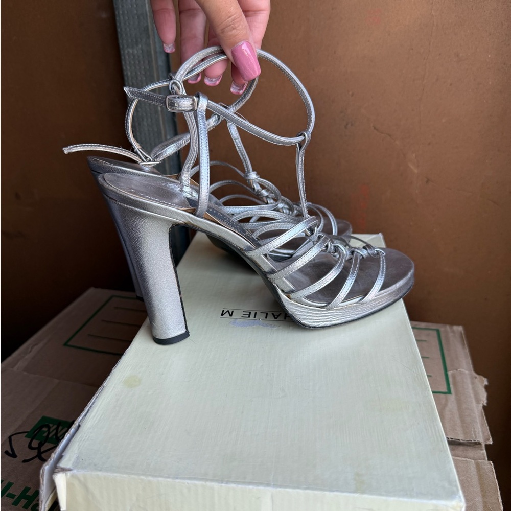 Natalie Martin Metallic Silver Strappy Heels